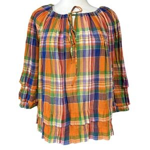 Lauren Ralph Lauren Tunic Blouse Womens XL Multicolor Plaid Boho Top Ruffle
